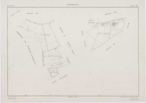 ETRECHY, plans minutes de conservation : tableau d'assemblage, 1960, Ech. 1/10000 ; plans des sections A1, A2, B1, B2, C1, C2, D, 1960, Ech. 1/2500, sections AB, AC, AD, AE, AH, 1960, Ech. 1/1000, section E, 1960, Ech. 1/1250, sections ZA, ZB, ZC, ZD, ZE,