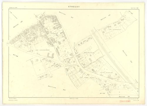 Plans minutes de conservation : ETRECHY : tableau d'assemblage, ech. 1/10000 (1960), sections A1, A2, B1, B2, C1, C2, D, ech. 1/2500 (1960), section E, ech. 1/1250 (1960), sections AB, AC, AD, AE, AH, ZA, ZB, ZC, ZD, ZE, ZH, ZI, ZK, ZL, ZM, ZN, ZO, ZP, ec