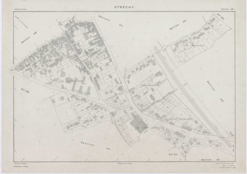 ETRECHY, plans minutes de conservation : tableau d'assemblage, 1960, Ech. 1/10000 ; plans des sections A1, A2, B1, B2, C1, C2, D, 1960, Ech. 1/2500, sections AB, AC, AD, AE, AH, 1960, Ech. 1/1000, section E, 1960, Ech. 1/1250, sections ZA, ZB, ZC, ZD, ZE,