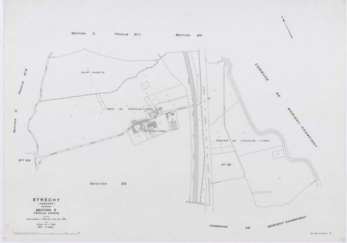 ETRECHY, plans minutes de conservation : tableau d'assemblage, 1960, Ech. 1/10000 ; plans des sections A1, A2, B1, B2, C1, C2, D, 1960, Ech. 1/2500, sections AB, AC, AD, AE, AH, 1960, Ech. 1/1000, section E, 1960, Ech. 1/1250, sections ZA, ZB, ZC, ZD, ZE,