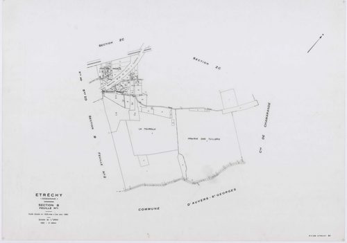 ETRECHY, plans minutes de conservation : tableau d'assemblage, 1960, Ech. 1/10000 ; plans des sections A1, A2, B1, B2, C1, C2, D, 1960, Ech. 1/2500, sections AB, AC, AD, AE, AH, 1960, Ech. 1/1000, section E, 1960, Ech. 1/1250, sections ZA, ZB, ZC, ZD, ZE,