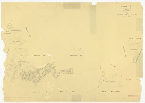Plans minutes de conservation : ETRECHY : tableau d'assemblage, ech. 1/10000 (1960), sections A1, A2, B1, B2, C1, C2, D, ech. 1/2500 (1960), section E, ech. 1/1250 (1960), sections AB, AC, AD, AE, AH, ZA, ZB, ZC, ZD, ZE, ZH, ZI, ZK, ZL, ZM, ZN, ZO, ZP, ec