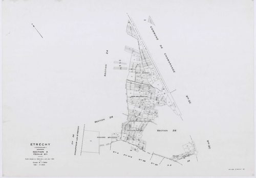 ETRECHY, plans minutes de conservation : tableau d'assemblage, 1960, Ech. 1/10000 ; plans des sections A1, A2, B1, B2, C1, C2, D, 1960, Ech. 1/2500, sections AB, AC, AD, AE, AH, 1960, Ech. 1/1000, section E, 1960, Ech. 1/1250, sections ZA, ZB, ZC, ZD, ZE,