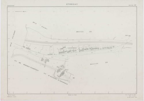 ETRECHY, plans minutes de conservation : tableau d'assemblage, 1960, Ech. 1/10000 ; plans des sections A1, A2, B1, B2, C1, C2, D, 1960, Ech. 1/2500, sections AB, AC, AD, AE, AH, 1960, Ech. 1/1000, section E, 1960, Ech. 1/1250, sections ZA, ZB, ZC, ZD, ZE,