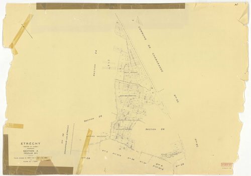 Plans minutes de conservation : ETRECHY : tableau d'assemblage, ech. 1/10000 (1960), sections A1, A2, B1, B2, C1, C2, D, ech. 1/2500 (1960), section E, ech. 1/1250 (1960), sections AB, AC, AD, AE, AH, ZA, ZB, ZC, ZD, ZE, ZH, ZI, ZK, ZL, ZM, ZN, ZO, ZP, ec
