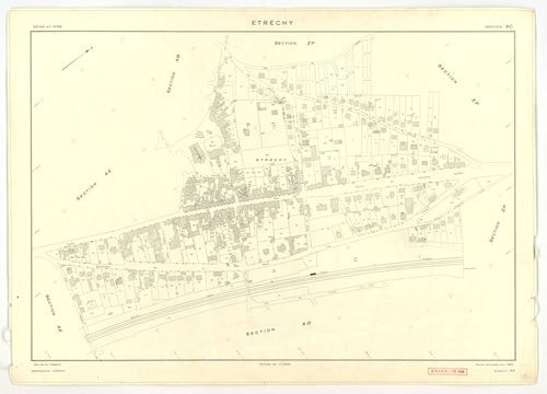 Plans minutes de conservation : ETRECHY : tableau d'assemblage, ech. 1/10000 (1960), sections A1, A2, B1, B2, C1, C2, D, ech. 1/2500 (1960), section E, ech. 1/1250 (1960), sections AB, AC, AD, AE, AH, ZA, ZB, ZC, ZD, ZE, ZH, ZI, ZK, ZL, ZM, ZN, ZO, ZP, ec