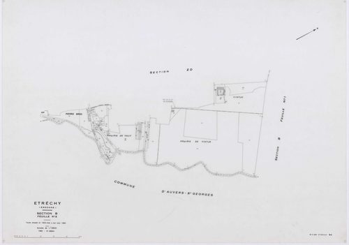 ETRECHY, plans minutes de conservation : tableau d'assemblage, 1960, Ech. 1/10000 ; plans des sections A1, A2, B1, B2, C1, C2, D, 1960, Ech. 1/2500, sections AB, AC, AD, AE, AH, 1960, Ech. 1/1000, section E, 1960, Ech. 1/1250, sections ZA, ZB, ZC, ZD, ZE,