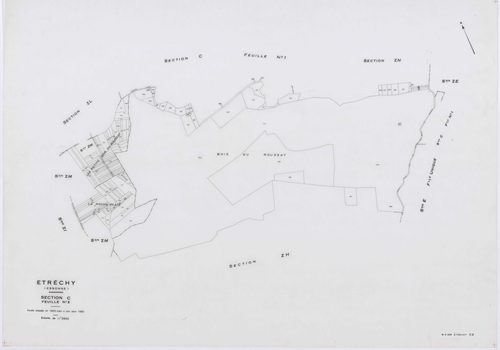ETRECHY, plans minutes de conservation : tableau d'assemblage, 1960, Ech. 1/10000 ; plans des sections A1, A2, B1, B2, C1, C2, D, 1960, Ech. 1/2500, sections AB, AC, AD, AE, AH, 1960, Ech. 1/1000, section E, 1960, Ech. 1/1250, sections ZA, ZB, ZC, ZD, ZE,
