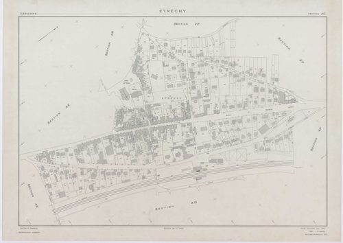 ETRECHY, plans minutes de conservation : tableau d'assemblage, 1960, Ech. 1/10000 ; plans des sections A1, A2, B1, B2, C1, C2, D, 1960, Ech. 1/2500, sections AB, AC, AD, AE, AH, 1960, Ech. 1/1000, section E, 1960, Ech. 1/1250, sections ZA, ZB, ZC, ZD, ZE,