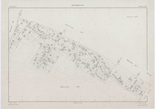 ETRECHY, plans minutes de conservation : tableau d'assemblage, 1960, Ech. 1/10000 ; plans des sections A1, A2, B1, B2, C1, C2, D, 1960, Ech. 1/2500, sections AB, AC, AD, AE, AH, 1960, Ech. 1/1000, section E, 1960, Ech. 1/1250, sections ZA, ZB, ZC, ZD, ZE,