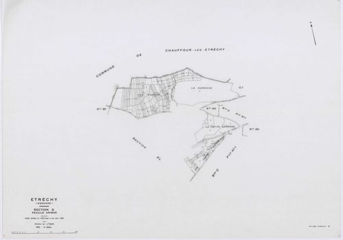 ETRECHY, plans minutes de conservation : tableau d'assemblage, 1960, Ech. 1/10000 ; plans des sections A1, A2, B1, B2, C1, C2, D, 1960, Ech. 1/2500, sections AB, AC, AD, AE, AH, 1960, Ech. 1/1000, section E, 1960, Ech. 1/1250, sections ZA, ZB, ZC, ZD, ZE,