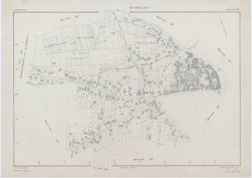 ETRECHY, plans minutes de conservation : tableau d'assemblage, 1960, Ech. 1/10000 ; plans des sections A1, A2, B1, B2, C1, C2, D, 1960, Ech. 1/2500, sections AB, AC, AD, AE, AH, 1960, Ech. 1/1000, section E, 1960, Ech. 1/1250, sections ZA, ZB, ZC, ZD, ZE,