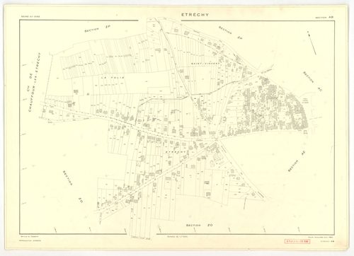 Plans minutes de conservation : ETRECHY : tableau d'assemblage, ech. 1/10000 (1960), sections A1, A2, B1, B2, C1, C2, D, ech. 1/2500 (1960), section E, ech. 1/1250 (1960), sections AB, AC, AD, AE, AH, ZA, ZB, ZC, ZD, ZE, ZH, ZI, ZK, ZL, ZM, ZN, ZO, ZP, ec