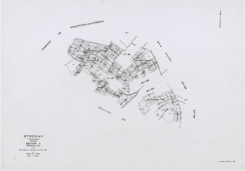 ETRECHY, plans minutes de conservation : tableau d'assemblage, 1960, Ech. 1/10000 ; plans des sections A1, A2, B1, B2, C1, C2, D, 1960, Ech. 1/2500, sections AB, AC, AD, AE, AH, 1960, Ech. 1/1000, section E, 1960, Ech. 1/1250, sections ZA, ZB, ZC, ZD, ZE,