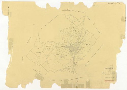 Plans minutes de conservation : ETRECHY : tableau d'assemblage, ech. 1/10000 (1960), sections A1, A2, B1, B2, C1, C2, D, ech. 1/2500 (1960), section E, ech. 1/1250 (1960), sections AB, AC, AD, AE, AH, ZA, ZB, ZC, ZD, ZE, ZH, ZI, ZK, ZL, ZM, ZN, ZO, ZP, ec