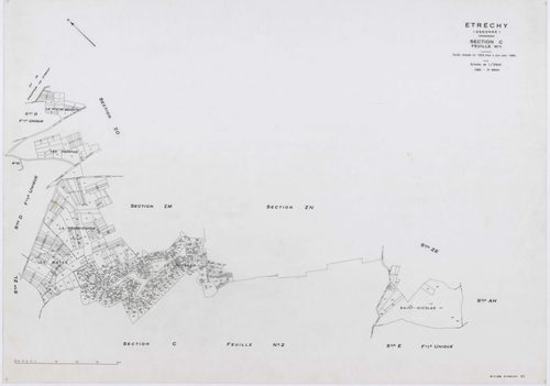 ETRECHY, plans minutes de conservation : tableau d'assemblage, 1960, Ech. 1/10000 ; plans des sections A1, A2, B1, B2, C1, C2, D, 1960, Ech. 1/2500, sections AB, AC, AD, AE, AH, 1960, Ech. 1/1000, section E, 1960, Ech. 1/1250, sections ZA, ZB, ZC, ZD, ZE,