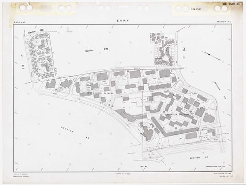 EVRY, plans minutes de conservation : tableau d'assemblage,1935, Ech. 1/5000 ; plans des sections AB, AC, AD, AI, AK, AL, AM, AN, AO, AP, AR, AS, AT, AV, AY, BE, 1983, Ech. 1/1000, section AX, 1984, Ech. 1/1000, sections AZ, BC, BH, 1985, Ech. 1/1000, sec