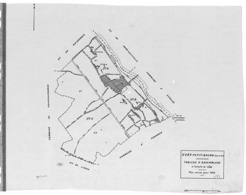 EVRY. - Cadastre révisé pour 1935 : plan du tableau d'assemblage, plans de la section A le Village 1ère feuille, idem 2ème feuille, section B Hameau du Bras de fer, section C l'Orme à Martin 1ère feuille, idem 2ème feuille ; cadastre révisé pour 1935 mis 