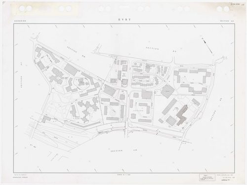 EVRY, plans minutes de conservation : tableau d'assemblage,1935, Ech. 1/5000 ; plans des sections AB, AC, AD, AI, AK, AL, AM, AN, AO, AP, AR, AS, AT, AV, AY, BE, 1983, Ech. 1/1000, section AX, 1984, Ech. 1/1000, sections AZ, BC, BH, 1985, Ech. 1/1000, sec