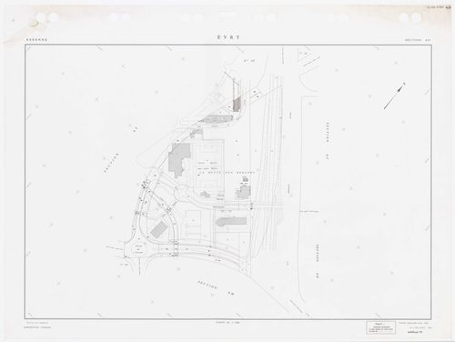 EVRY, plans minutes de conservation : tableau d'assemblage,1935, Ech. 1/5000 ; plans des sections AB, AC, AD, AI, AK, AL, AM, AN, AO, AP, AR, AS, AT, AV, AY, BE, 1983, Ech. 1/1000, section AX, 1984, Ech. 1/1000, sections AZ, BC, BH, 1985, Ech. 1/1000, sec