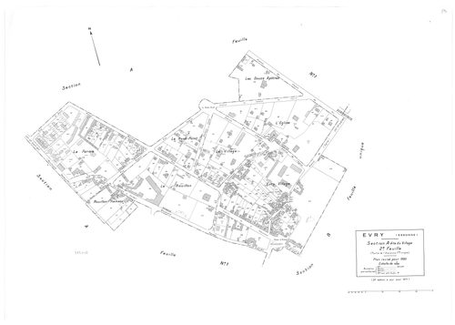 EVRY. - Cadastre révisé pour 1935 : plan du tableau d'assemblage, plans de la section A le Village 1ère feuille, idem 2ème feuille, section B Hameau du Bras de fer, section C l'Orme à Martin 1ère feuille, idem 2ème feuille ; cadastre révisé pour 1935 mis 