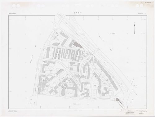 EVRY, plans minutes de conservation : tableau d'assemblage,1935, Ech. 1/5000 ; plans des sections AB, AC, AD, AI, AK, AL, AM, AN, AO, AP, AR, AS, AT, AV, AY, BE, 1983, Ech. 1/1000, section AX, 1984, Ech. 1/1000, sections AZ, BC, BH, 1985, Ech. 1/1000, sec