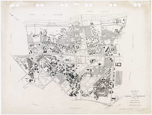 EVRY, plans minutes de conservation : tableau d'assemblage,1935, Ech. 1/5000 ; plans des sections AB, AC, AD, AI, AK, AL, AM, AN, AO, AP, AR, AS, AT, AV, AY, BE, 1983, Ech. 1/1000, section AX, 1984, Ech. 1/1000, sections AZ, BC, BH, 1985, Ech. 1/1000, sec