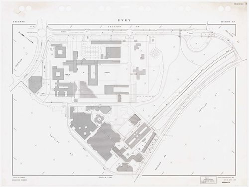 EVRY, plans minutes de conservation : tableau d'assemblage,1935, Ech. 1/5000 ; plans des sections AB, AC, AD, AI, AK, AL, AM, AN, AO, AP, AR, AS, AT, AV, AY, BE, 1983, Ech. 1/1000, section AX, 1984, Ech. 1/1000, sections AZ, BC, BH, 1985, Ech. 1/1000, sec