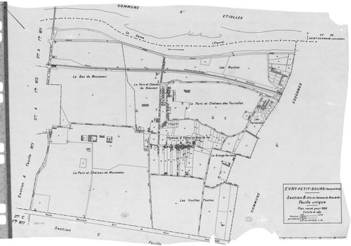 EVRY. - Cadastre révisé pour 1935 : plan du tableau d'assemblage, plans de la section A le Village 1ère feuille, idem 2ème feuille, section B Hameau du Bras de fer, section C l'Orme à Martin 1ère feuille, idem 2ème feuille ; cadastre révisé pour 1935 mis 