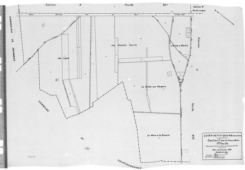 EVRY. - Cadastre révisé pour 1935 : plan du tableau d'assemblage, plans de la section A le Village 1ère feuille, idem 2ème feuille, section B Hameau du Bras de fer, section C l'Orme à Martin 1ère feuille, idem 2ème feuille ; cadastre révisé pour 1935 mis 