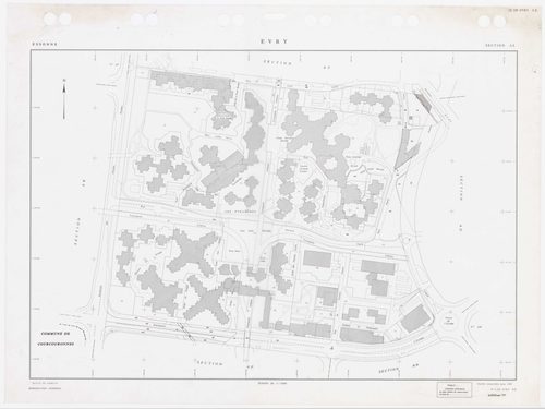 EVRY, plans minutes de conservation : tableau d'assemblage,1935, Ech. 1/5000 ; plans des sections AB, AC, AD, AI, AK, AL, AM, AN, AO, AP, AR, AS, AT, AV, AY, BE, 1983, Ech. 1/1000, section AX, 1984, Ech. 1/1000, sections AZ, BC, BH, 1985, Ech. 1/1000, sec