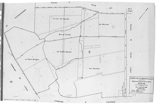 EVRY. - Cadastre révisé pour 1935 : plan du tableau d'assemblage, plans de la section A le Village 1ère feuille, idem 2ème feuille, section B Hameau du Bras de fer, section C l'Orme à Martin 1ère feuille, idem 2ème feuille ; cadastre révisé pour 1935 mis 