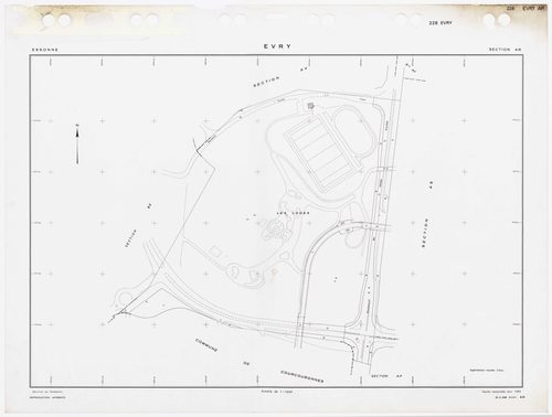 EVRY, plans minutes de conservation : tableau d'assemblage,1935, Ech. 1/5000 ; plans des sections AB, AC, AD, AI, AK, AL, AM, AN, AO, AP, AR, AS, AT, AV, AY, BE, 1983, Ech. 1/1000, section AX, 1984, Ech. 1/1000, sections AZ, BC, BH, 1985, Ech. 1/1000, sec