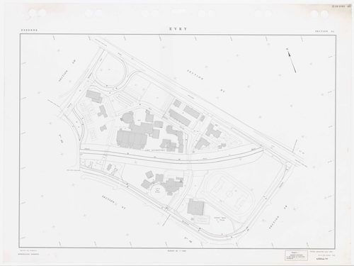 EVRY, plans minutes de conservation : tableau d'assemblage,1935, Ech. 1/5000 ; plans des sections AB, AC, AD, AI, AK, AL, AM, AN, AO, AP, AR, AS, AT, AV, AY, BE, 1983, Ech. 1/1000, section AX, 1984, Ech. 1/1000, sections AZ, BC, BH, 1985, Ech. 1/1000, sec