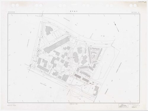 EVRY, plans minutes de conservation : tableau d'assemblage,1935, Ech. 1/5000 ; plans des sections AB, AC, AD, AI, AK, AL, AM, AN, AO, AP, AR, AS, AT, AV, AY, BE, 1983, Ech. 1/1000, section AX, 1984, Ech. 1/1000, sections AZ, BC, BH, 1985, Ech. 1/1000, sec