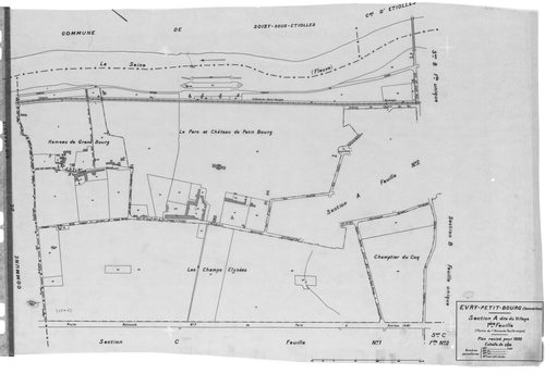 EVRY. - Cadastre révisé pour 1935 : plan du tableau d'assemblage, plans de la section A le Village 1ère feuille, idem 2ème feuille, section B Hameau du Bras de fer, section C l'Orme à Martin 1ère feuille, idem 2ème feuille ; cadastre révisé pour 1935 mis 