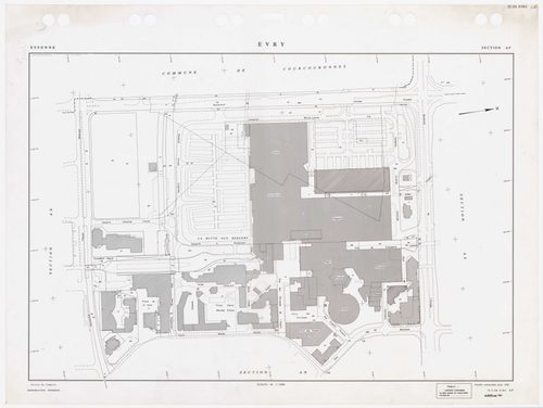 EVRY, plans minutes de conservation : tableau d'assemblage,1935, Ech. 1/5000 ; plans des sections AB, AC, AD, AI, AK, AL, AM, AN, AO, AP, AR, AS, AT, AV, AY, BE, 1983, Ech. 1/1000, section AX, 1984, Ech. 1/1000, sections AZ, BC, BH, 1985, Ech. 1/1000, sec