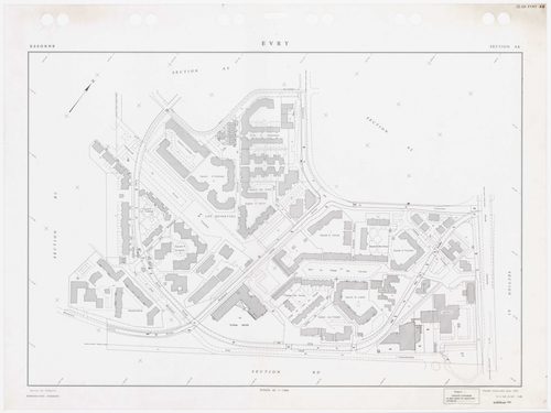 EVRY, plans minutes de conservation : tableau d'assemblage,1935, Ech. 1/5000 ; plans des sections AB, AC, AD, AI, AK, AL, AM, AN, AO, AP, AR, AS, AT, AV, AY, BE, 1983, Ech. 1/1000, section AX, 1984, Ech. 1/1000, sections AZ, BC, BH, 1985, Ech. 1/1000, sec