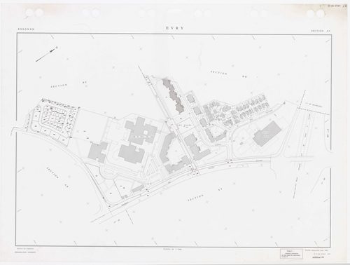 EVRY, plans minutes de conservation : tableau d'assemblage,1935, Ech. 1/5000 ; plans des sections AB, AC, AD, AI, AK, AL, AM, AN, AO, AP, AR, AS, AT, AV, AY, BE, 1983, Ech. 1/1000, section AX, 1984, Ech. 1/1000, sections AZ, BC, BH, 1985, Ech. 1/1000, sec