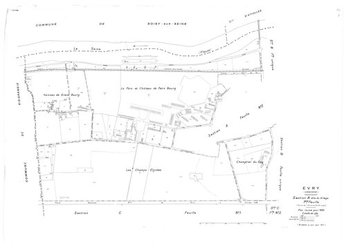 EVRY. - Cadastre révisé pour 1935 : plan du tableau d'assemblage, plans de la section A le Village 1ère feuille, idem 2ème feuille, section B Hameau du Bras de fer, section C l'Orme à Martin 1ère feuille, idem 2ème feuille ; cadastre révisé pour 1935 mis 