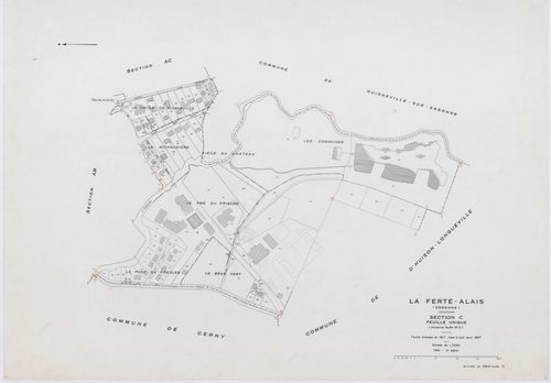 FERTE-ALAIS (LA), plans minutes de conservation : tableau d'assemblage, 1957, Ech. 1/5000 ; plans des sections A1, A2, B2, 1957, Ech. 1/2500, sections A3, AB, AC, B1, 1957, Ech. 1/1000, section C, 1957, Ech. 1/1250. Polyester. N et B. Dim. 105 x 80 cm [9 