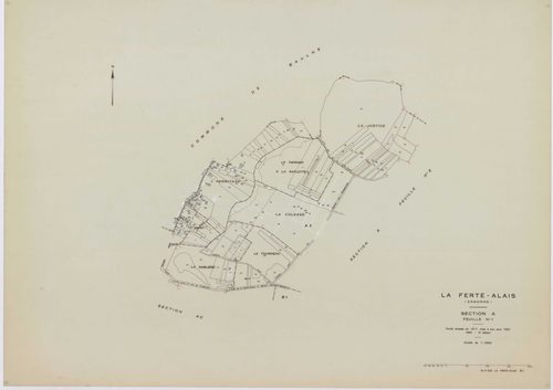 FERTE-ALAIS (LA), plans minutes de conservation : tableau d'assemblage, 1957, Ech. 1/5000 ; plans des sections A1, A2, B2, 1957, Ech. 1/2500, sections A3, AB, AC, B1, 1957, Ech. 1/1000, section C, 1957, Ech. 1/1250. Polyester. N et B. Dim. 105 x 80 cm [9 
