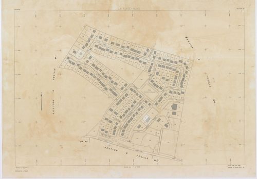 FERTE-ALAIS (LA), plans minutes de conservation : tableau d'assemblage, 1957, Ech. 1/5000 ; plans des sections A1, A2, B2, 1957, Ech. 1/2500, sections A3, AB, AC, B1, 1957, Ech. 1/1000, section C, 1957, Ech. 1/1250. Polyester. N et B. Dim. 105 x 80 cm [9 