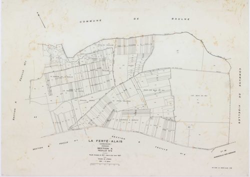 FERTE-ALAIS (LA), plans minutes de conservation : tableau d'assemblage, 1957, Ech. 1/5000 ; plans des sections A1, A2, B2, 1957, Ech. 1/2500, sections A3, AB, AC, B1, 1957, Ech. 1/1000, section C, 1957, Ech. 1/1250. Polyester. N et B. Dim. 105 x 80 cm [9 