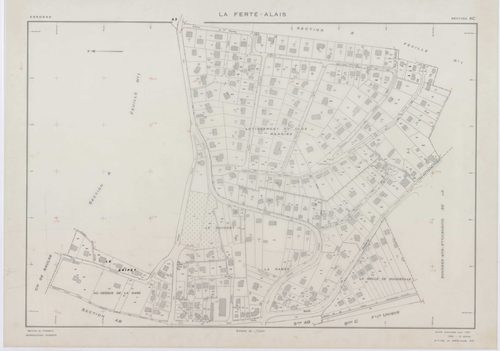 FERTE-ALAIS (LA), plans minutes de conservation : tableau d'assemblage, 1957, Ech. 1/5000 ; plans des sections A1, A2, B2, 1957, Ech. 1/2500, sections A3, AB, AC, B1, 1957, Ech. 1/1000, section C, 1957, Ech. 1/1250. Polyester. N et B. Dim. 105 x 80 cm [9 