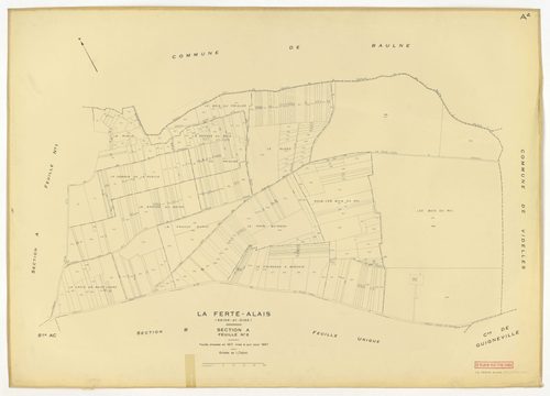 Plans minutes de conservation : FERTE-ALAIS (LA) : tableau d'assemblage, ech. 1/5000 (1957), sections A1, A2, B2, AC, ech. 1/2500, sections B1, ech. 1/1000, section C, ech. 1/1250 (1957) ; sections AB, AC, ech. 1/1000 (1957-1978) ; section ZC, ech. 1/1250