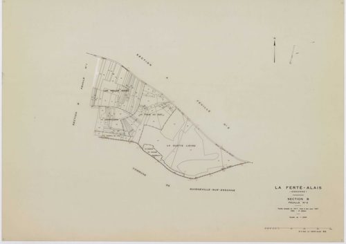 FERTE-ALAIS (LA), plans minutes de conservation : tableau d'assemblage, 1957, Ech. 1/5000 ; plans des sections A1, A2, B2, 1957, Ech. 1/2500, sections A3, AB, AC, B1, 1957, Ech. 1/1000, section C, 1957, Ech. 1/1250. Polyester. N et B. Dim. 105 x 80 cm [9 