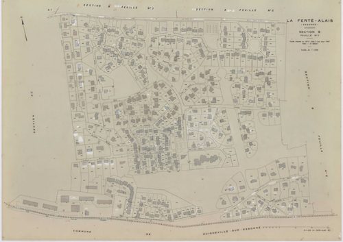 FERTE-ALAIS (LA), plans minutes de conservation : tableau d'assemblage, 1957, Ech. 1/5000 ; plans des sections A1, A2, B2, 1957, Ech. 1/2500, sections A3, AB, AC, B1, 1957, Ech. 1/1000, section C, 1957, Ech. 1/1250. Polyester. N et B. Dim. 105 x 80 cm [9 