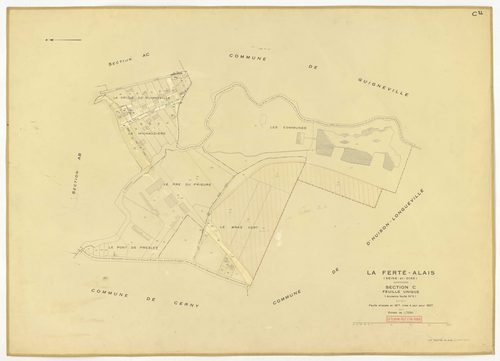 Plans minutes de conservation : FERTE-ALAIS (LA) : tableau d'assemblage, ech. 1/5000 (1957), sections A1, A2, B2, AC, ech. 1/2500, sections B1, ech. 1/1000, section C, ech. 1/1250 (1957) ; sections AB, AC, ech. 1/1000 (1957-1978) ; section ZC, ech. 1/1250