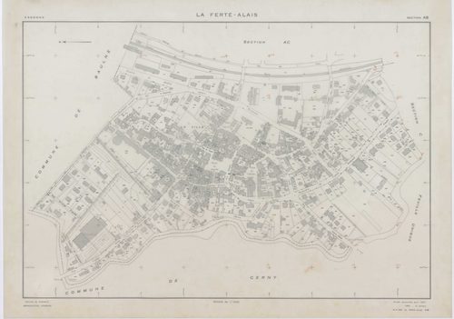 FERTE-ALAIS (LA), plans minutes de conservation : tableau d'assemblage, 1957, Ech. 1/5000 ; plans des sections A1, A2, B2, 1957, Ech. 1/2500, sections A3, AB, AC, B1, 1957, Ech. 1/1000, section C, 1957, Ech. 1/1250. Polyester. N et B. Dim. 105 x 80 cm [9 